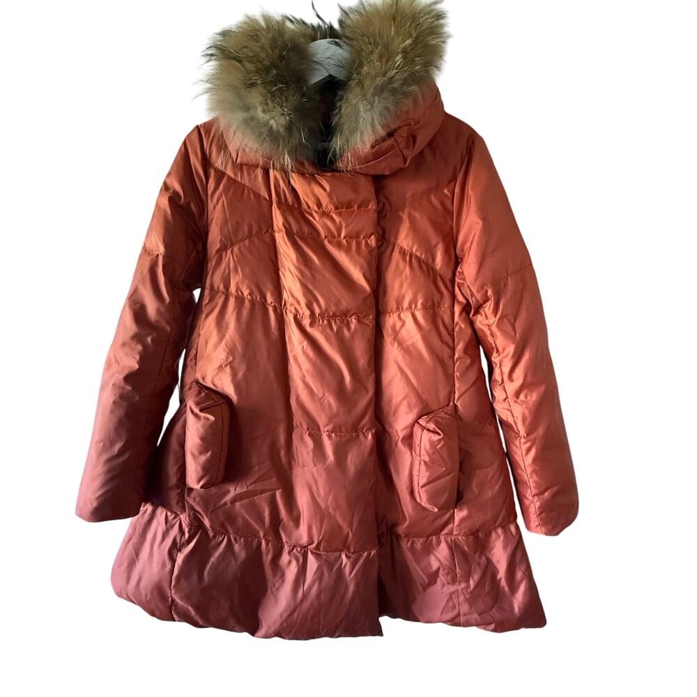 Surlansive Burnt Orange Down Puffer Coat w/ Fur Trim Hood Size 36 Small
